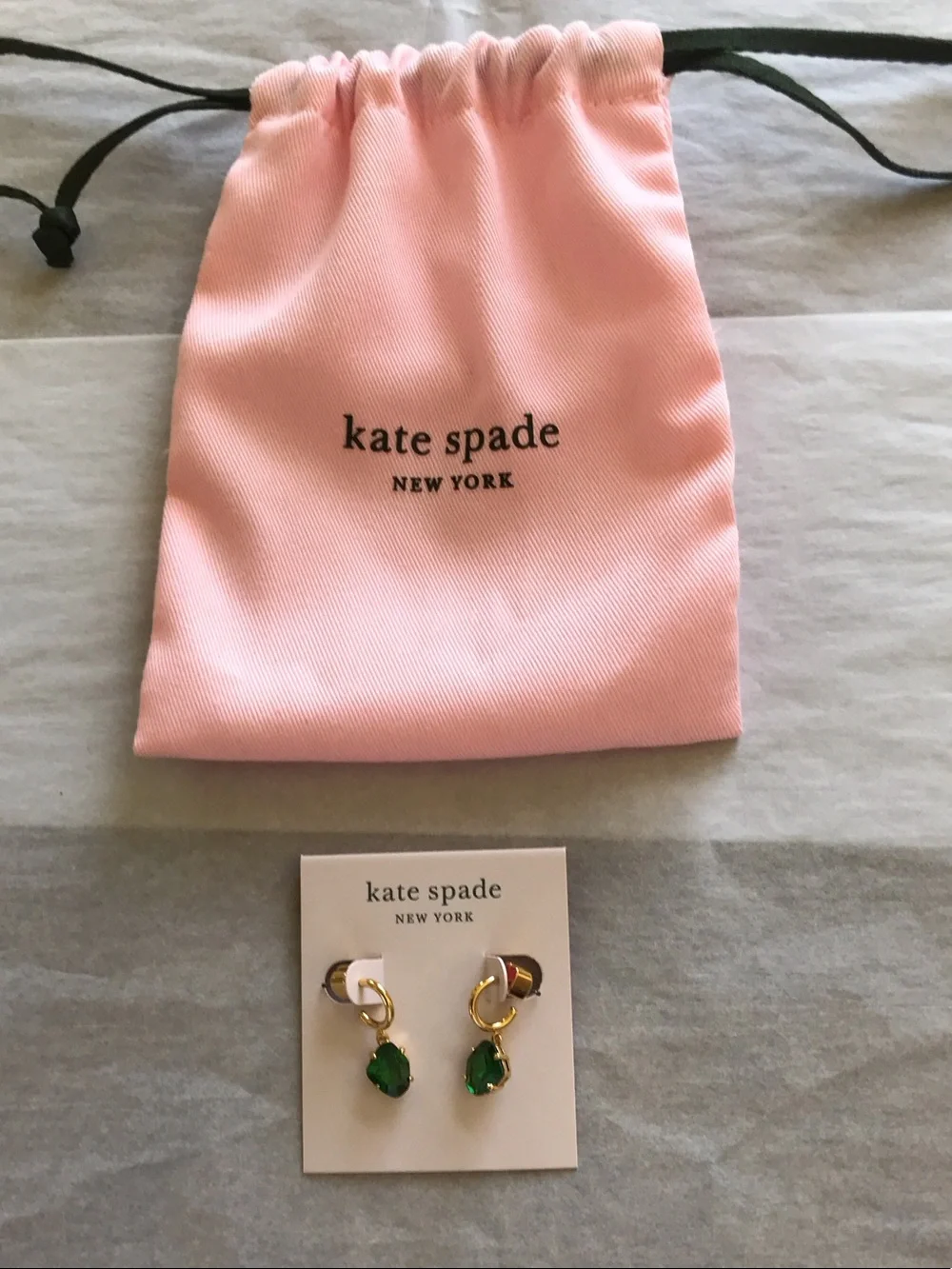 kate spade Pink Drawstring Pouch with Green and Gold Earrings